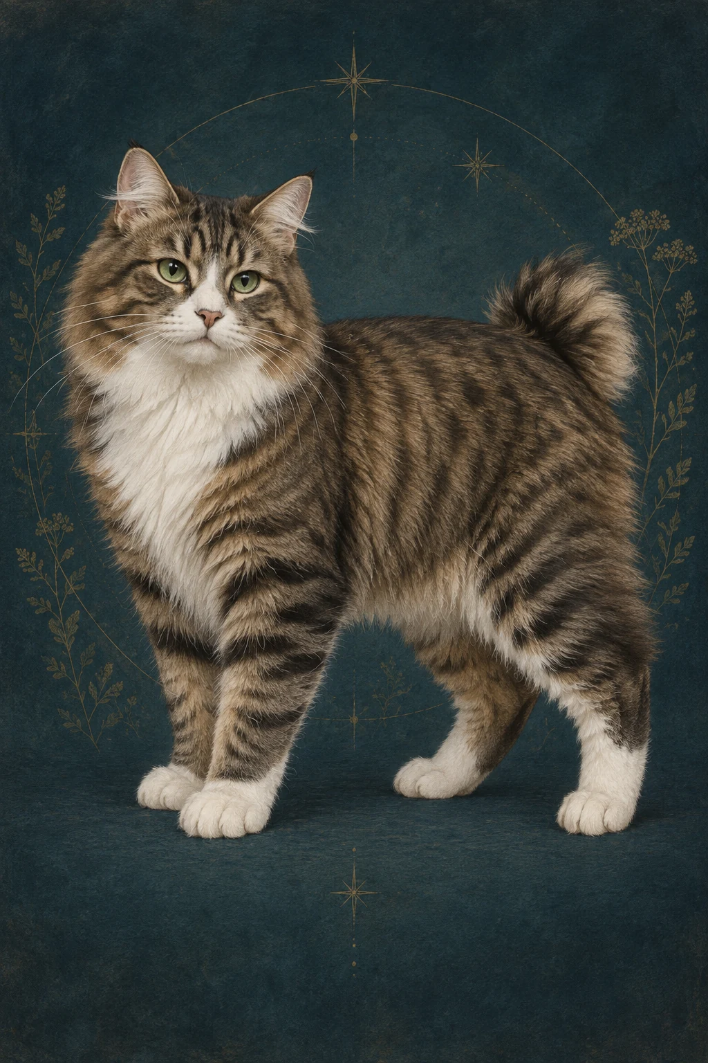 库里尔短尾猫长毛型(Kurilian Bobtail Longhair) · 棕色鲭鱼纹虎斑加白,绿色杏仁形眼睛 · 原创品种示意插画