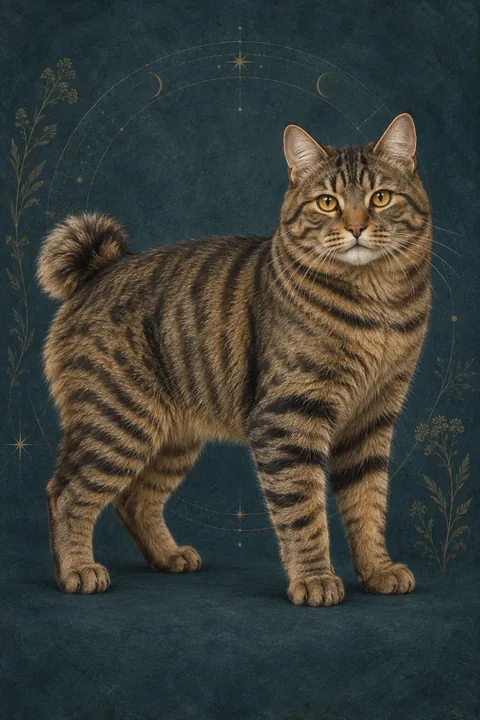 千岛短尾猫 · 棕色黑纹鲭鱼虎斑短毛，琥珀色眼睛 · 原创品种示意插画