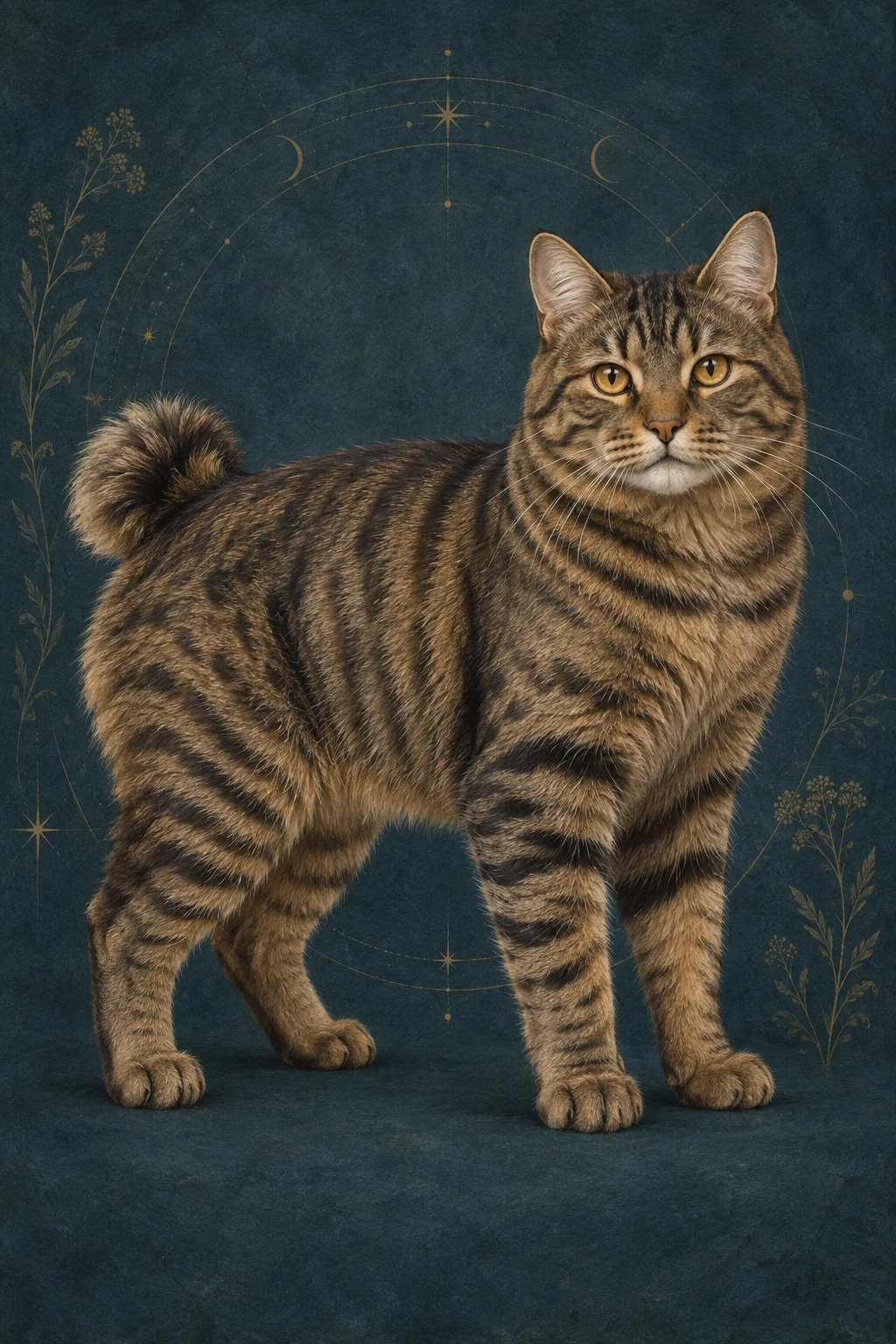 千岛短尾猫 · 棕色黑纹鲭鱼虎斑短毛,琥珀色眼睛 · 原创品种示意插画