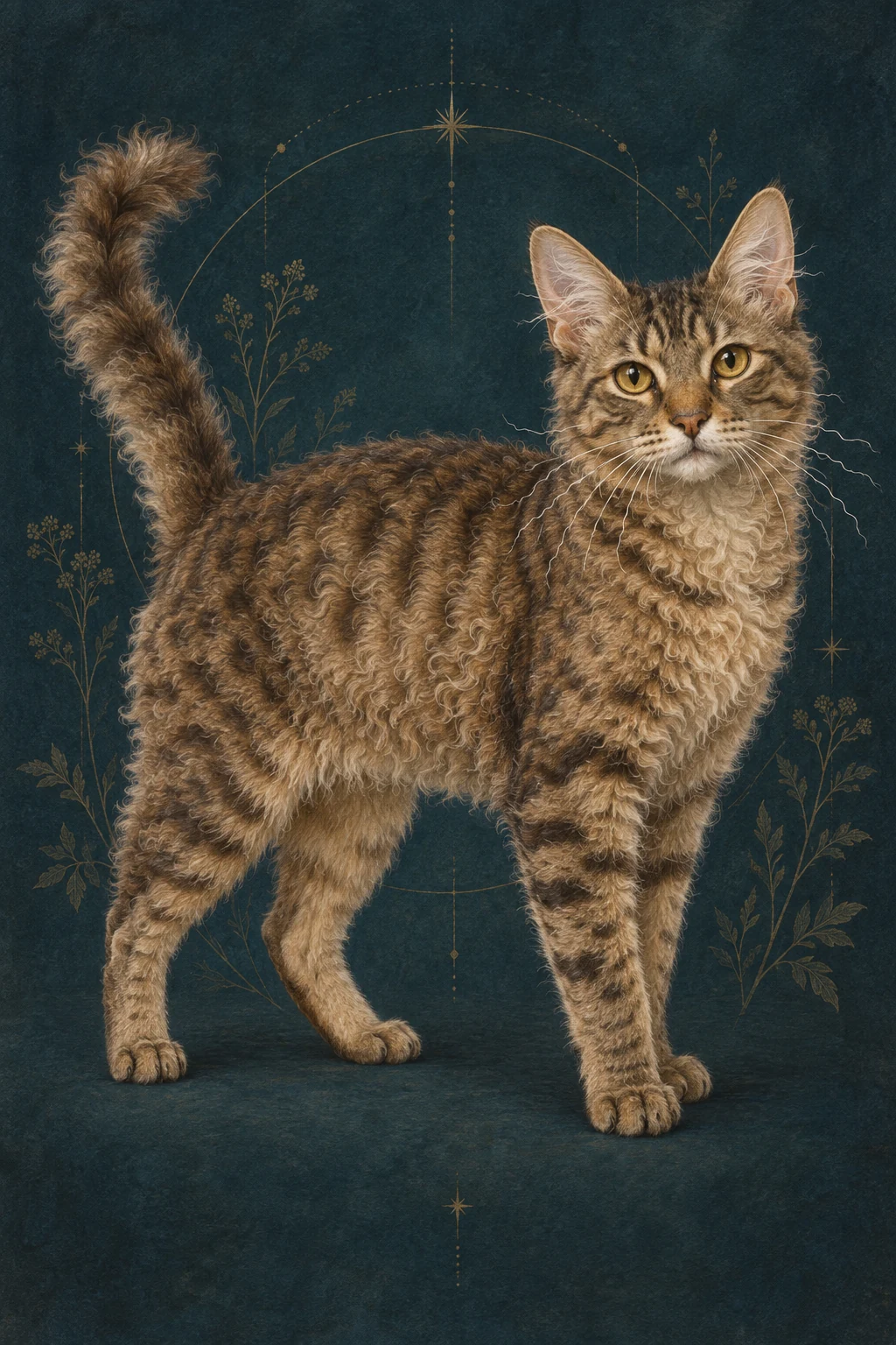 短毛拉邦猫(LaPerm Shorthair) · 棕色虎斑短卷毛,杏仁形金色眼睛 · 原创品种示意插画