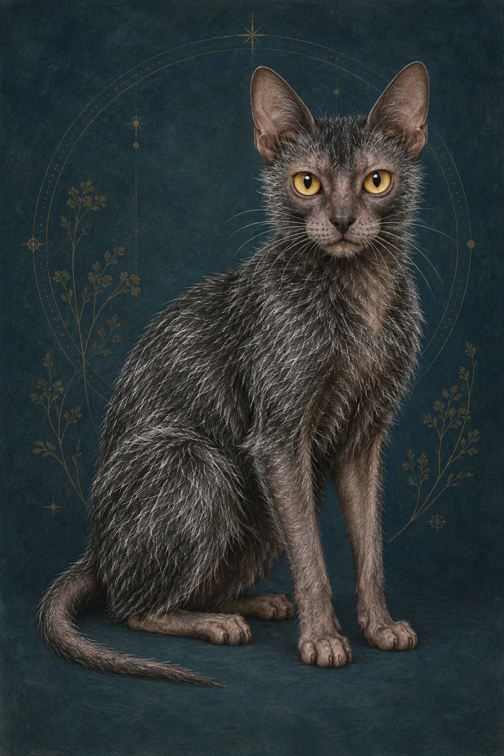 狼猫(Lykoi) · 黑色与白色针毛混生;面部稀毛;金色核桃形眼 · 原创品种示意插画
