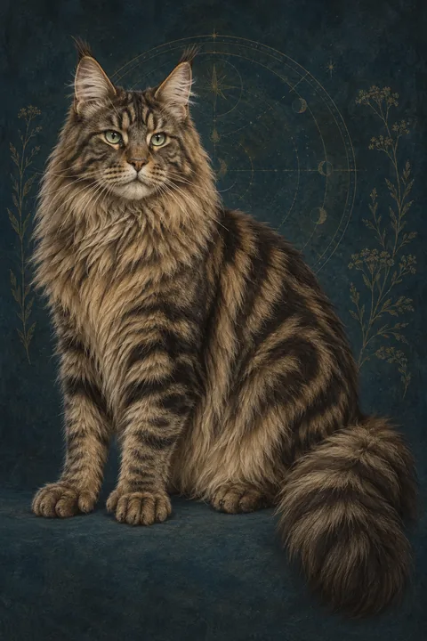 多趾缅因猫（Maine Coon Polydactyl） · 棕色黑纹经典虎斑长毛，绿色椭圆眼，双前足内侧各有一个额外脚趾 · 原创品种示意插画