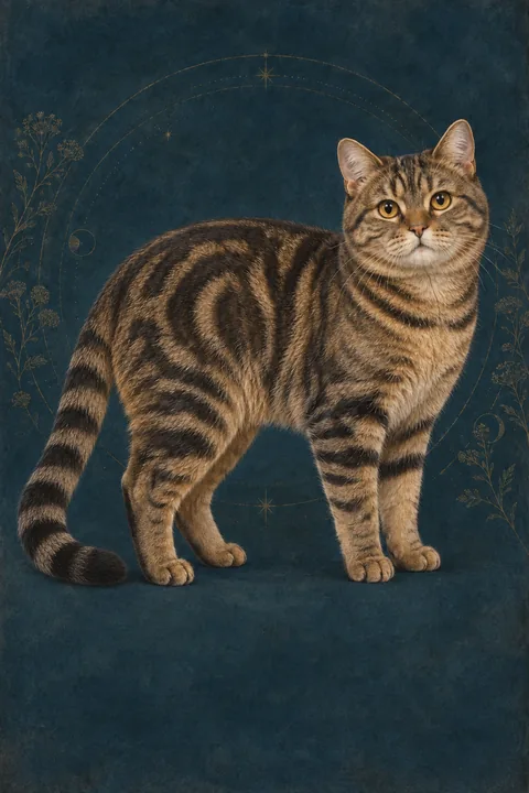 有尾马恩岛猫（Manx Tailed） · 棕色经典虎斑短毛，完整长尾，金色圆眼 · 原创品种示意插画