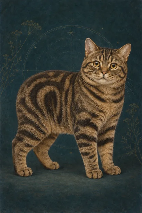 曼岛猫 · 棕色经典虎斑短毛，金色圆眼，完全无尾 · 原创品种示意插画