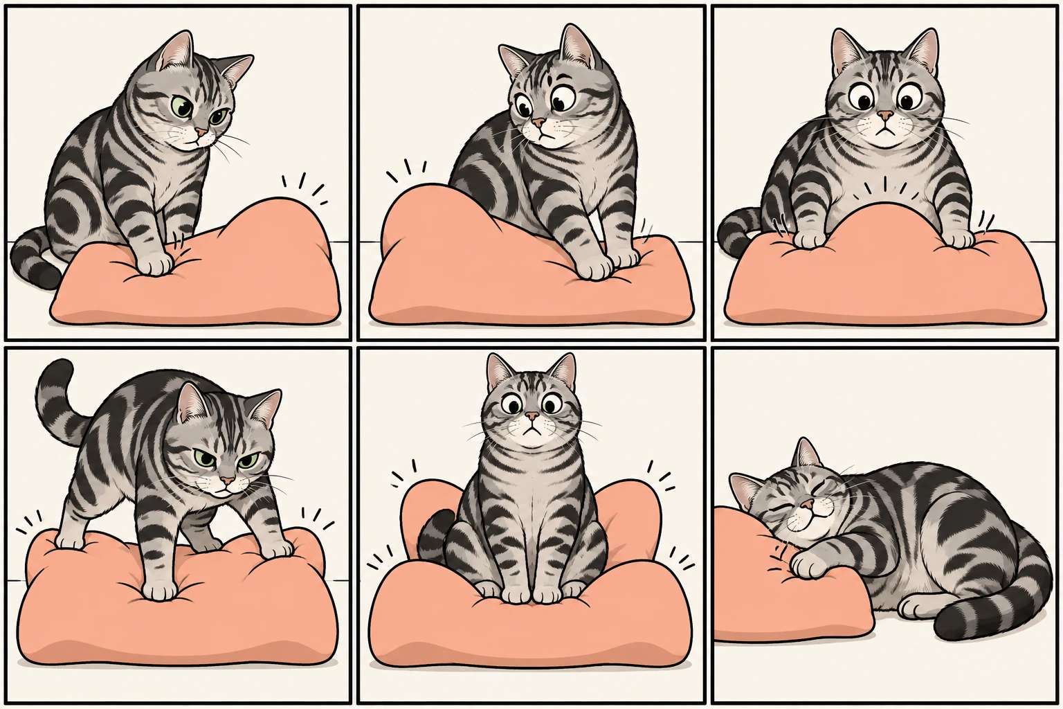横版六格无字漫画：银色经典虎斑美国短毛猫先按软枕左侧，再按右侧，又用两只前爪一起按；随后四爪压住枕头，最后坐到中央，四角却鼓起来。它放弃压平，躺在旁边把头枕上，满足入睡。