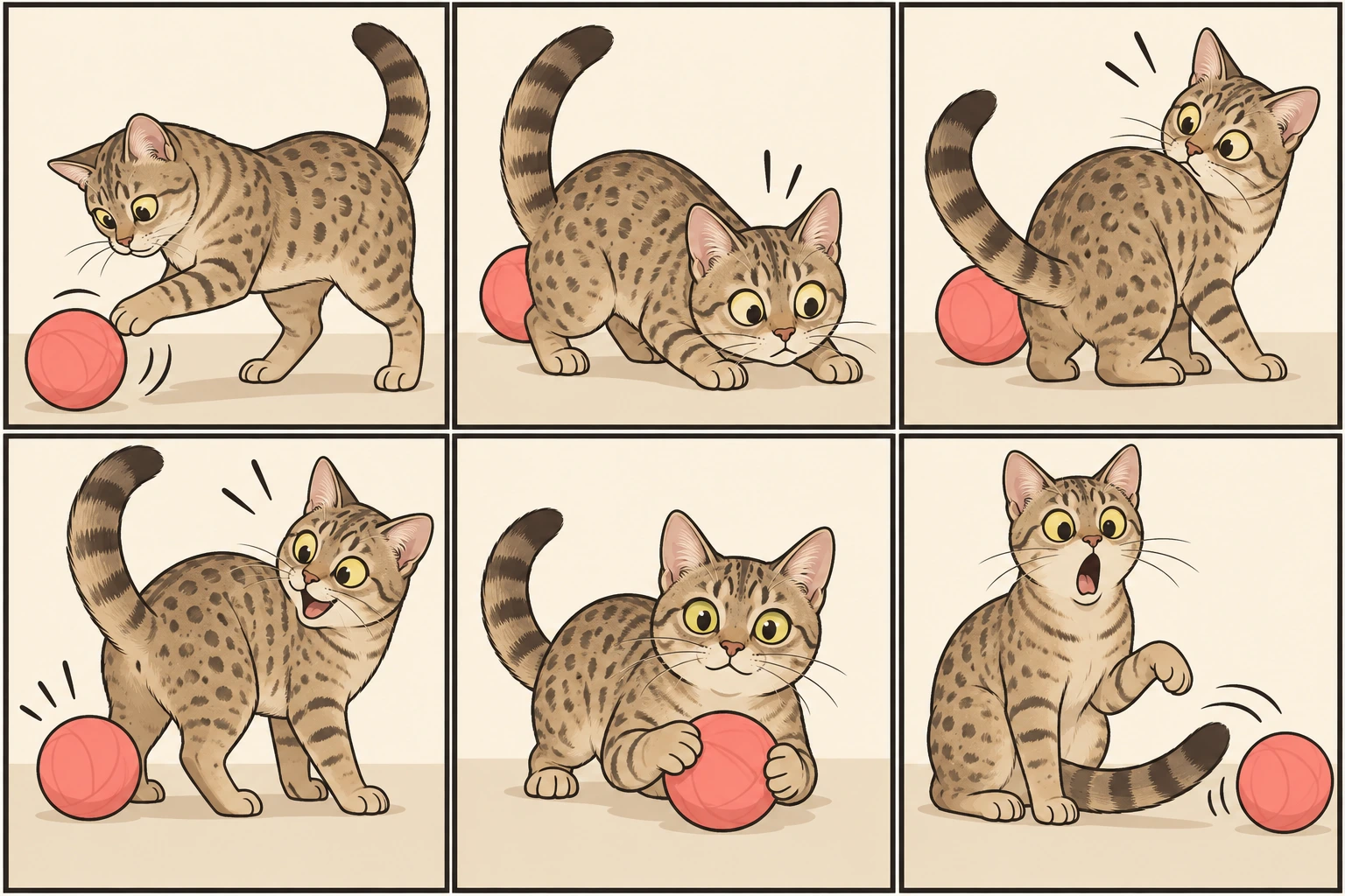 横版六格无字漫画：暖米棕色斑点澳大利亚雾猫拍软球，球滚到长尾后；它低头找、转身找，抬尾发现球，双爪抓住后得意地坐起，却又被甩动的尾巴把球扫走。