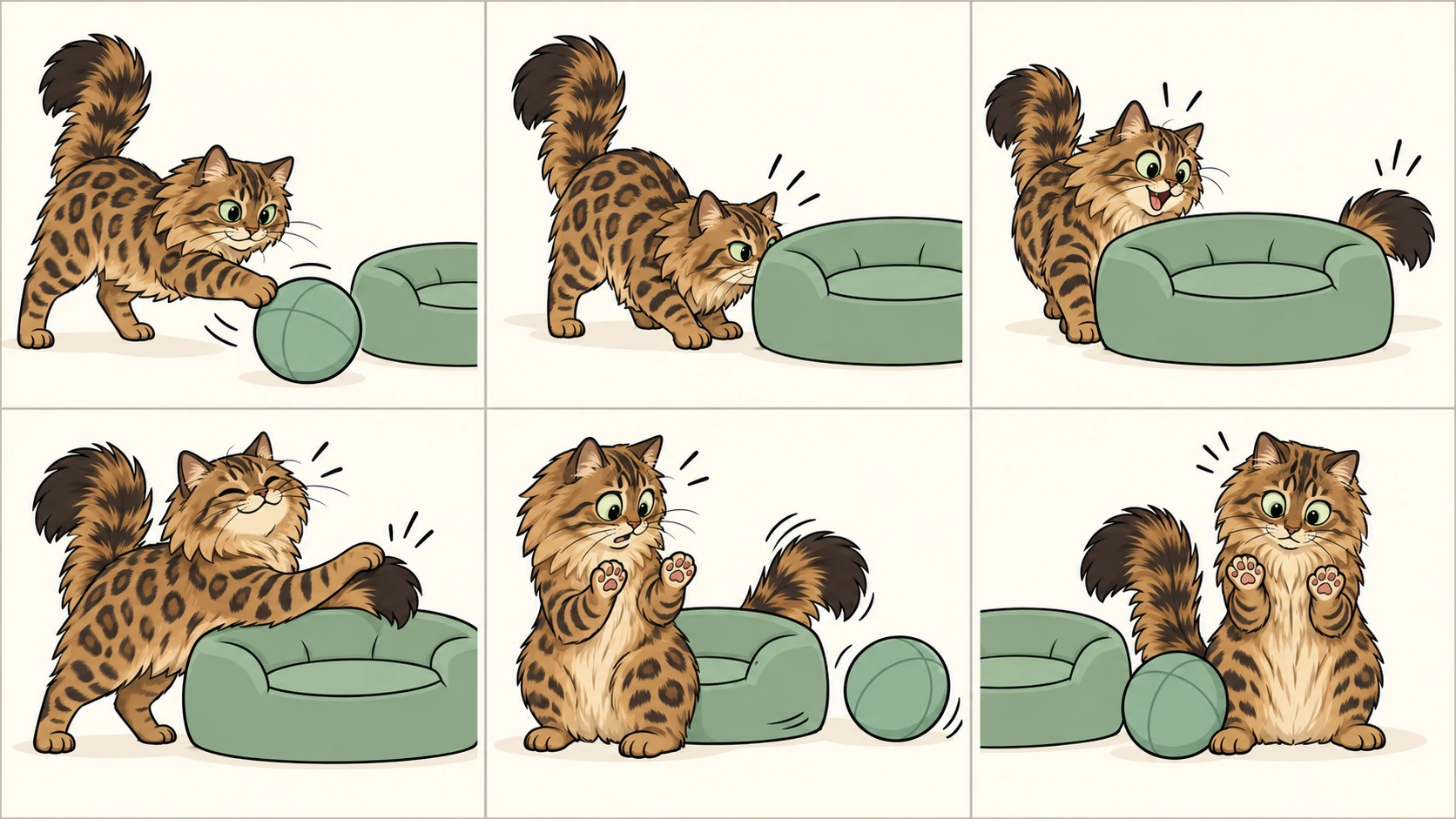 横版六格无字漫画：孟加拉长毛猫把软球拨到地板靠垫后，绕过去寻找，尾巴却从另一侧露出。它轻轻按住自己的尾尖，得意地查看，发现抓错了；最后真正的球已经滚到它后脚旁，它仍盯着空爪发愣。