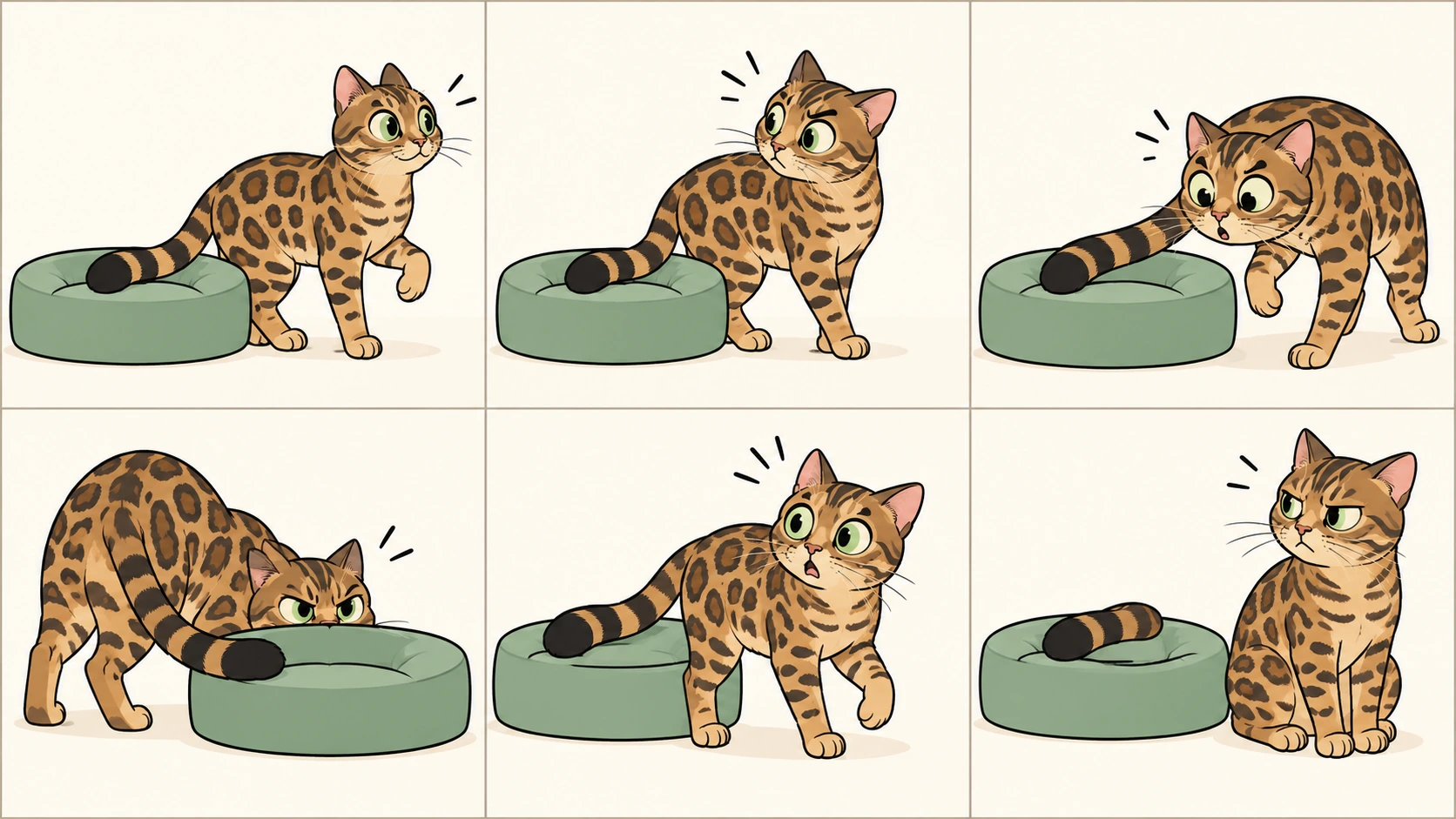 横版六格无字漫画：玫瑰斑短毛孟加拉豹猫准备坐上靠垫，发现尾尖搭在上面；它绕到另一侧、伏低窥探、转圈寻找，最后坐下却把尾巴留在靠垫上，自己坐在旁边，一脸礼貌又不服气。