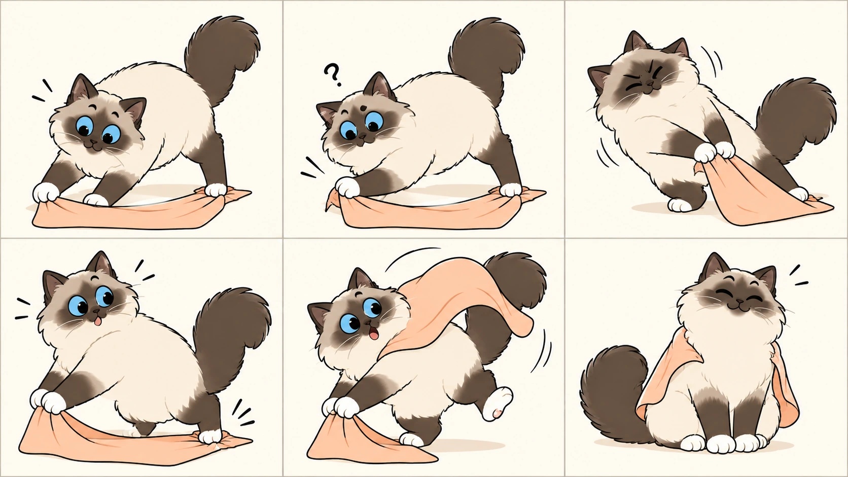 横版六格无字漫画：海豹重点色伯曼猫发现小毛巾，前爪拉角却被自己的后脚踩住，双爪用力后回头发现原因，抬脚时毛巾轻轻翻到背上，最后披着松散的毛巾得意地坐在空地上，蓝眼、白手套和中等长度蓬松尾巴仍清晰可见。