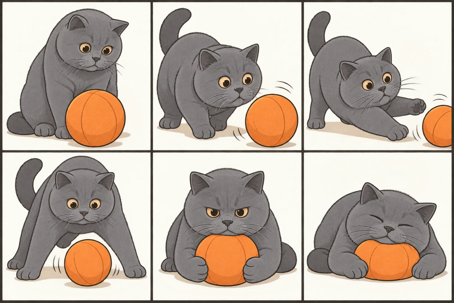 横版六格无字漫画：纯蓝色、铜色眼睛的英国短毛猫发现一颗软球，低头时球滚开，伸爪又把球推远，张开前爪拦截仍扑空，最后用两爪稳住球、慎重放下下巴，却立刻把球当枕头睡着。