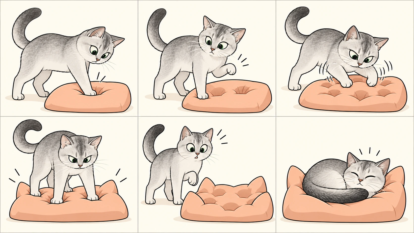 横版六格无字漫画：短毛黑色银渐层波米拉猫在软垫上按出一个爪印，试着按平旁边却留下第二个，双爪整理变成更多凹坑，四爪齐上又把垫角挤得翘起。它停下来瞪着乱糟糟的软垫，最后蜷进中央的大凹窝，满意地睡着。