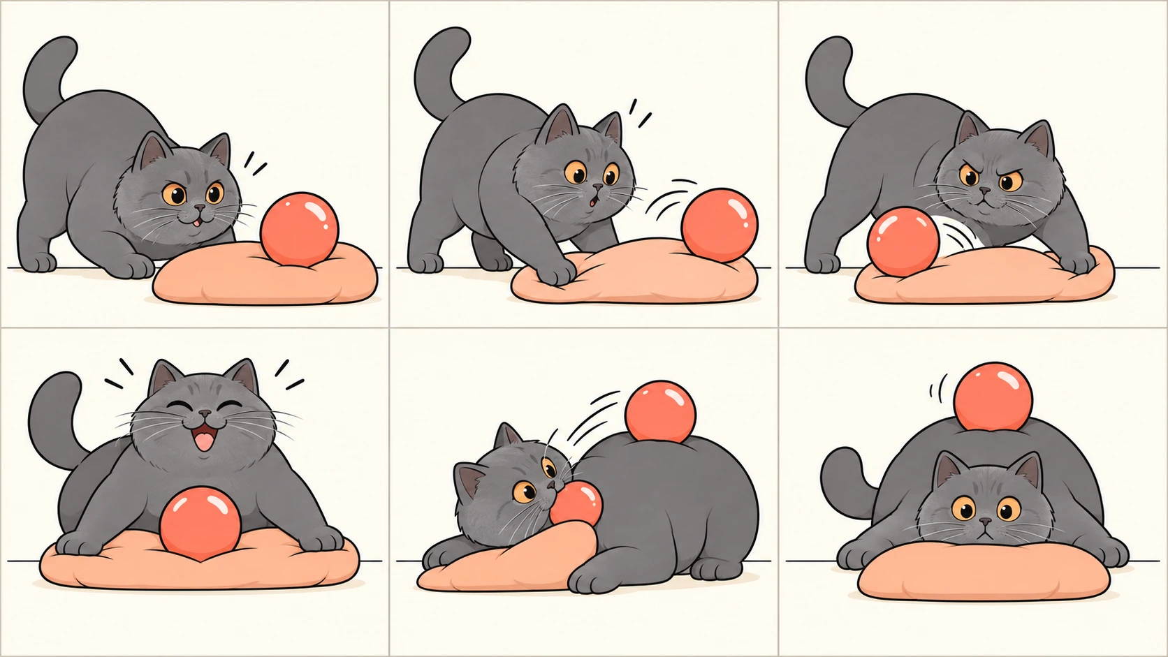 横版六格无字漫画:沙特尔猫发现软垫上的球,左爪按软垫使球滚向右边,右爪按下又使球滚向左边,两爪按住软垫边缘让球停在中央,随后用鼻子一推,球沿倾斜的软垫滚上它的背;最后猫困惑地盯着空软垫,球却稳稳待在背上。