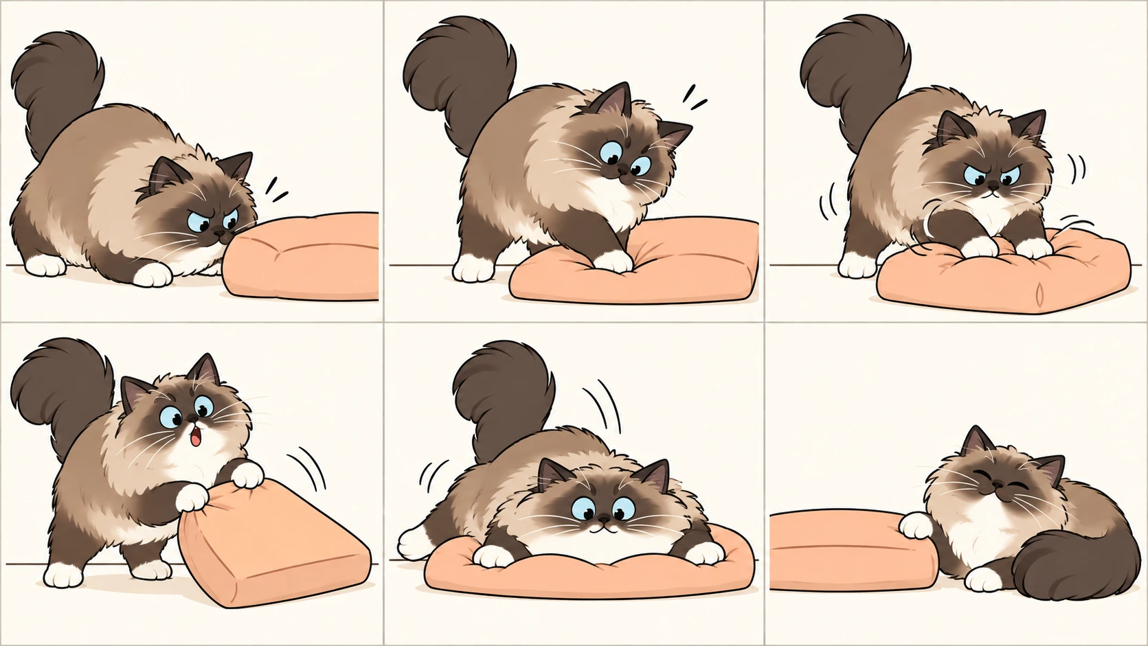 横版六格无字漫画：海豹貂色手套花纹基路伯猫检查软垫，轻踩试探，用力踩揉，翻转软垫，趴上去压平，最后却躺在旁边的地板上，只把一只白色前爪搭在软垫上。