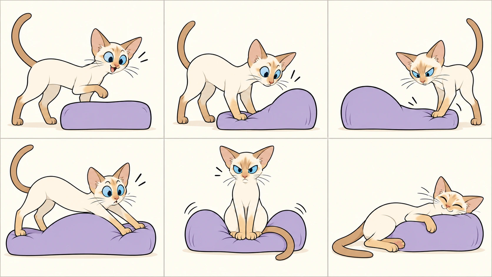 横版六格无字卡通:红色重点色短毛猫发现软垫,按左边使右边鼓起,按右边使左边鼓起,同时按两端使中间鼓起,坐在中间又使两端鼓起,最后侧躺抱着软垫睡着。