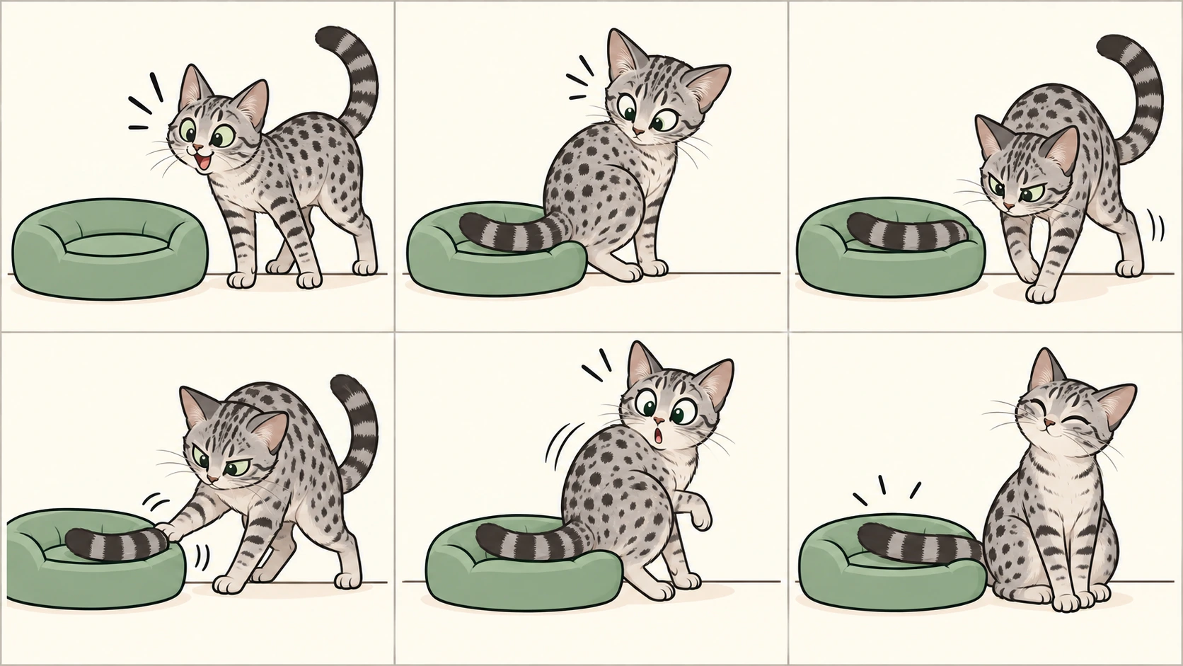 横版六格无字漫画:银色斑点埃及猫发现坐垫,绕着它调整位置,却反复把尾巴放在垫上;最后尾巴独占坐垫,猫自己满意地坐在旁边。