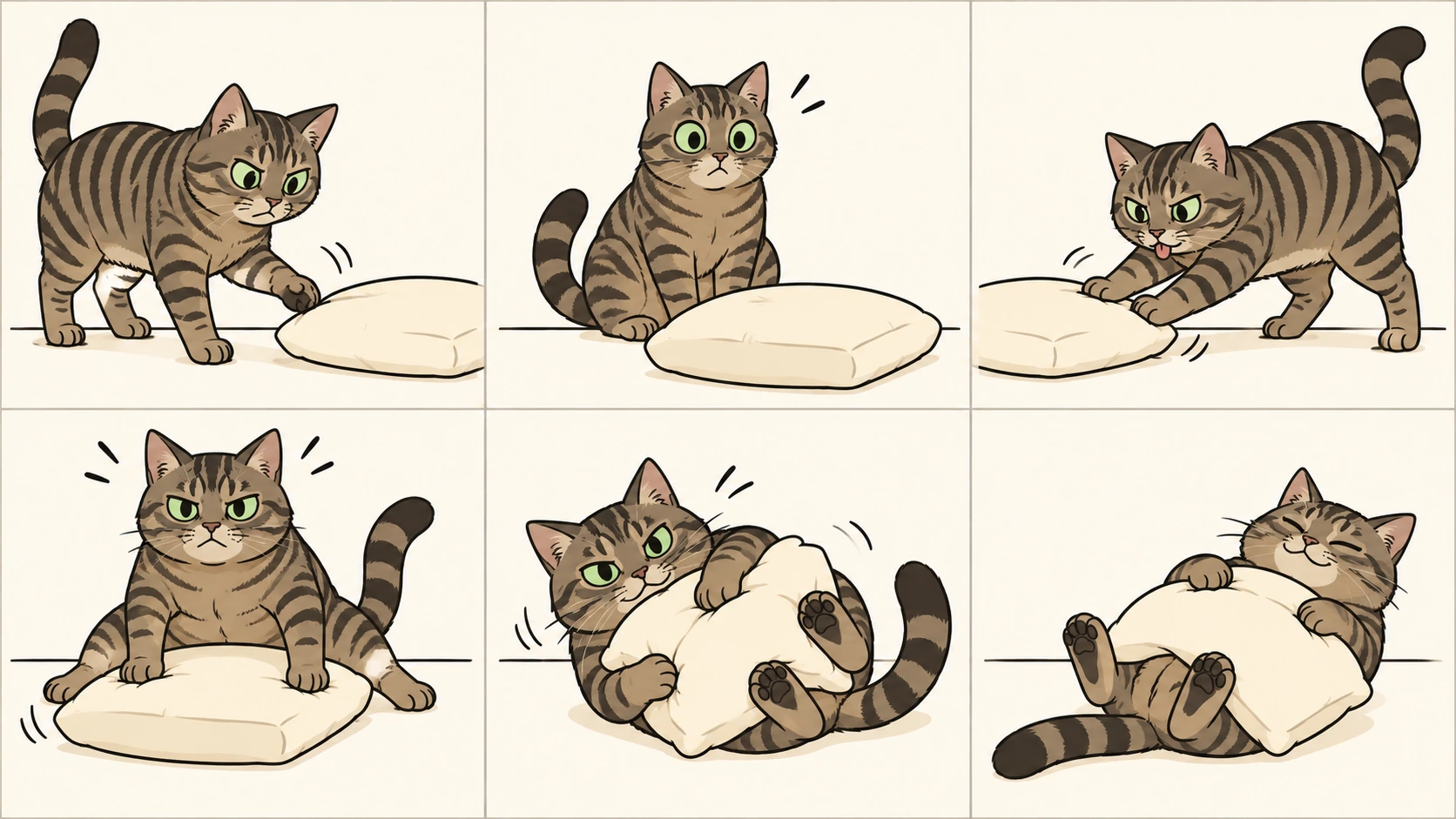 横版六格无字漫画：棕底黑色鲭鱼纹、绿色圆眼的欧洲短毛猫轻推坐垫、扑空、绕到另一边再推、张腿跨住却又推走，最后抱住坐垫翻身，让坐垫盖在肚子上，得意地躺好。