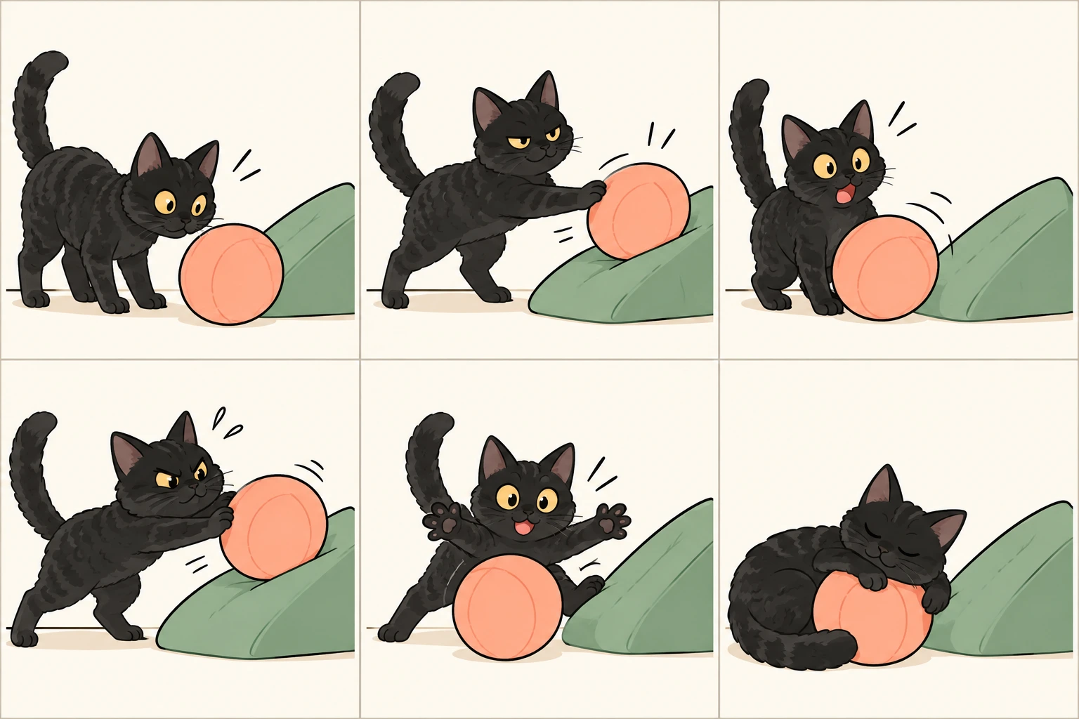横版六格无字漫画:纯黑德国卷毛猫发现软球,把它拨向斜靠的抱枕,惊讶于球滚回来;更用力再拨,摆出夸张守门姿势,最后抱球入睡,抱枕仿佛成了赢家。