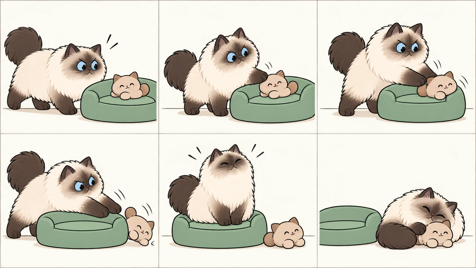 横版六格无字漫画：海豹重点色喜马拉雅猫发现坐垫中央的毛绒玩具，轻推、再推、推到坐垫外，得意坐上空坐垫后回望玩具，最后离开坐垫，贴着玩具睡着。