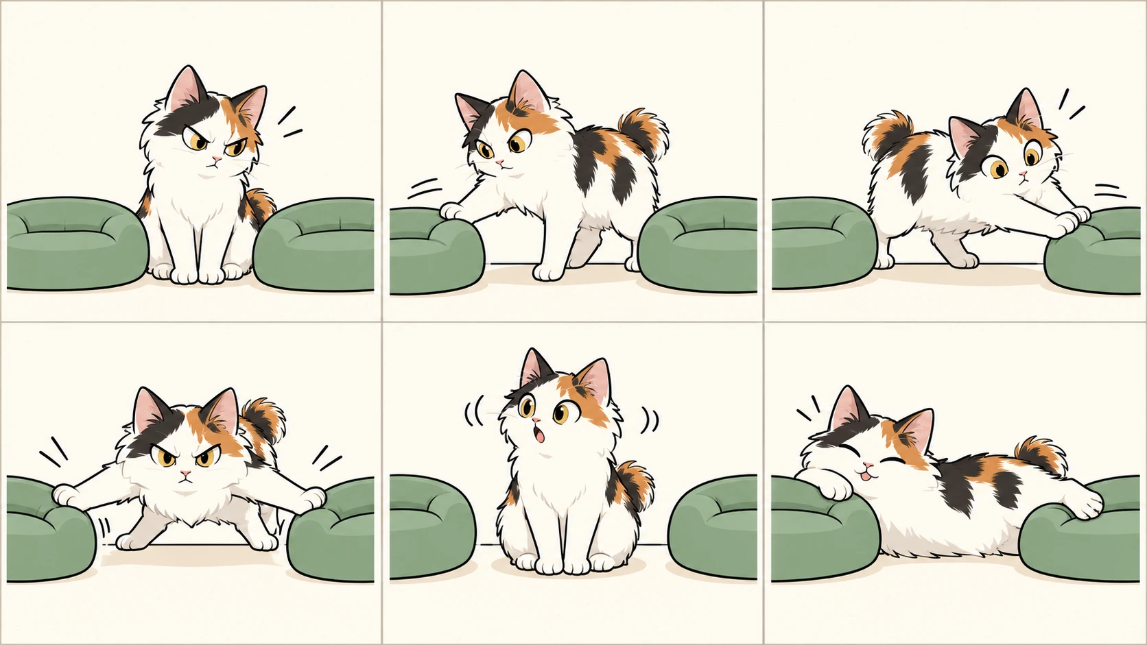 横版六格无字漫画：三花日本短尾猫长毛型发现两只软靠垫没对齐，依次推动、比较、来回修正，最后把靠垫推成宽阔的两侧扶枕，满意地躺在中间。