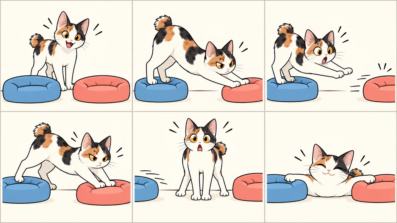 横版六格无字漫画：日本短尾猫发现两只坐垫，踩住一只去够另一只，把另一只推远；换边后又把第一只推远；最后两只都在两旁，它满意地躺在中间的地板上。