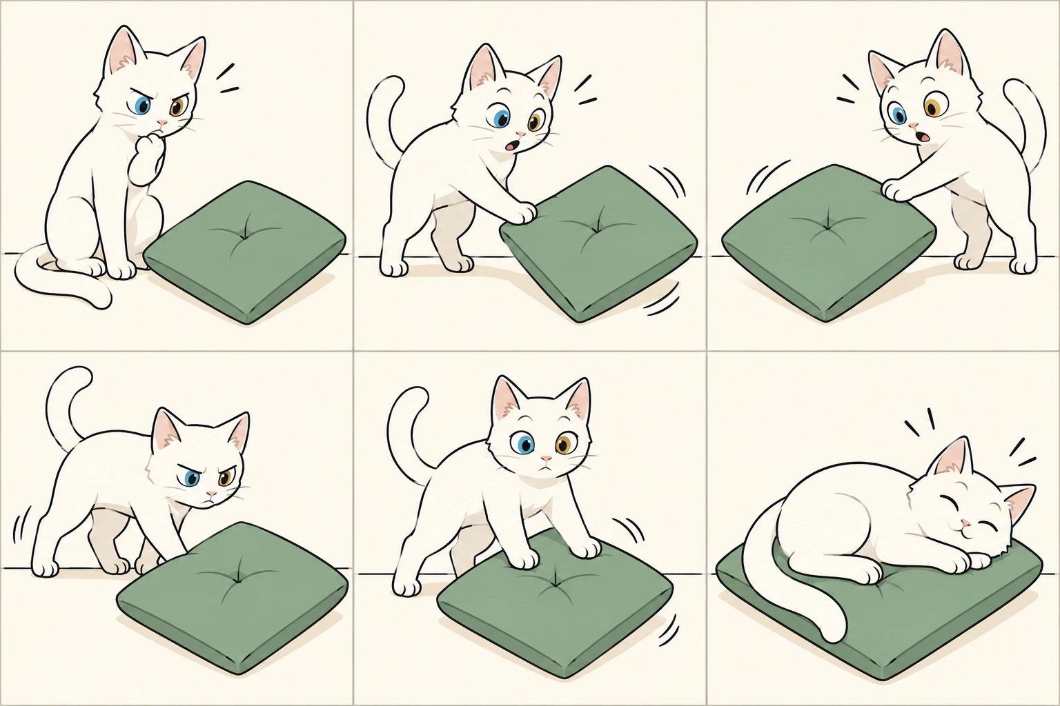 横版六格无字漫画：纯白短毛、右蓝左琥珀眼的考曼尼猫发现歪抱枕，轻推过头、反推过头、绕到另一侧、用双爪再调成斜角，最后自己斜躺在抱枕上，满意地闭眼。