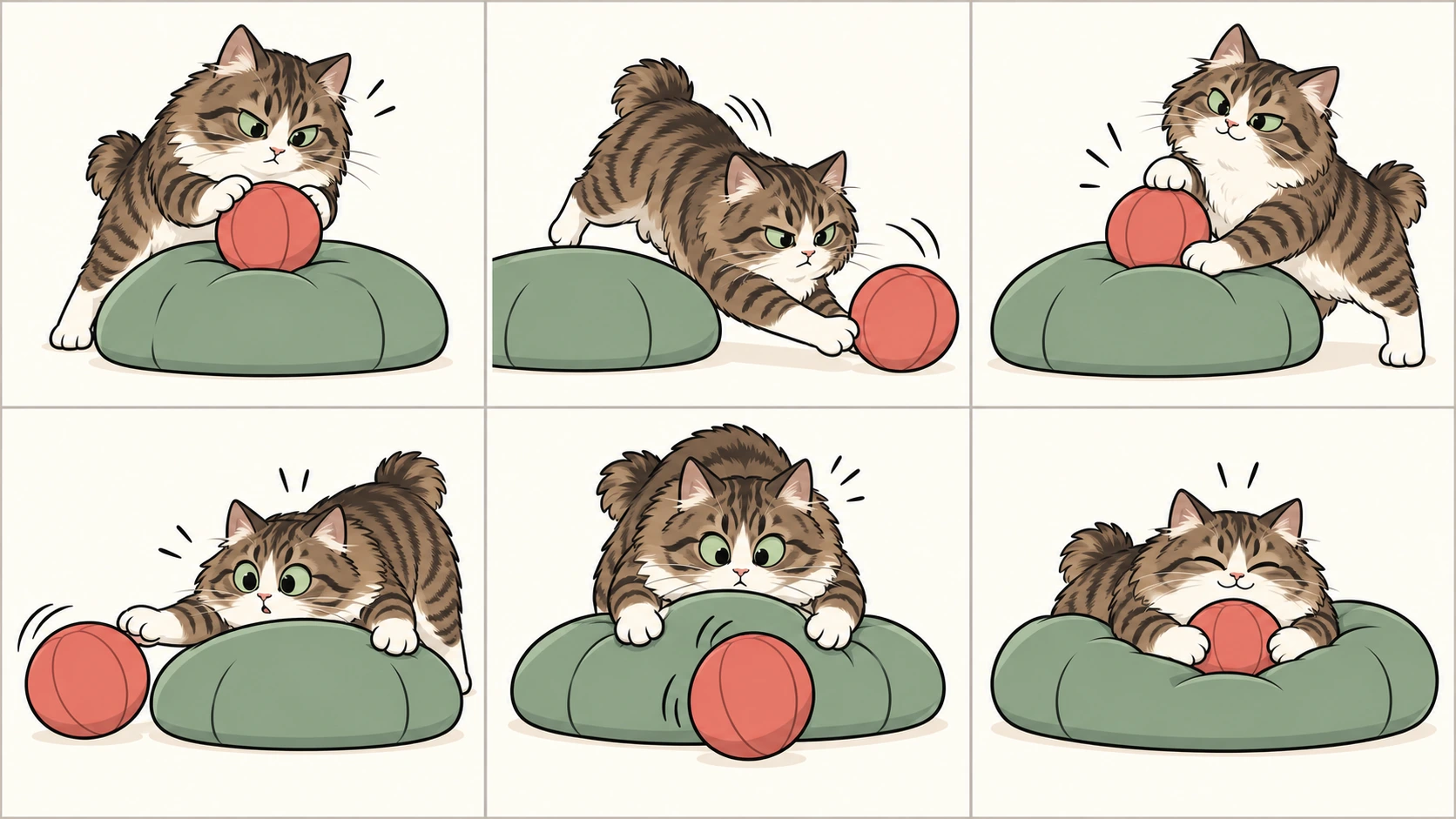 横版六格无字漫画：棕色鲭鱼纹虎斑加白的库里尔短尾猫长毛型把软球放上圆顶抱枕，球滚落；它追接、再放、左右忙着拦截，最后趴上抱枕压出凹窝，软球安稳停在前爪之间，它得意地闭眼休息。