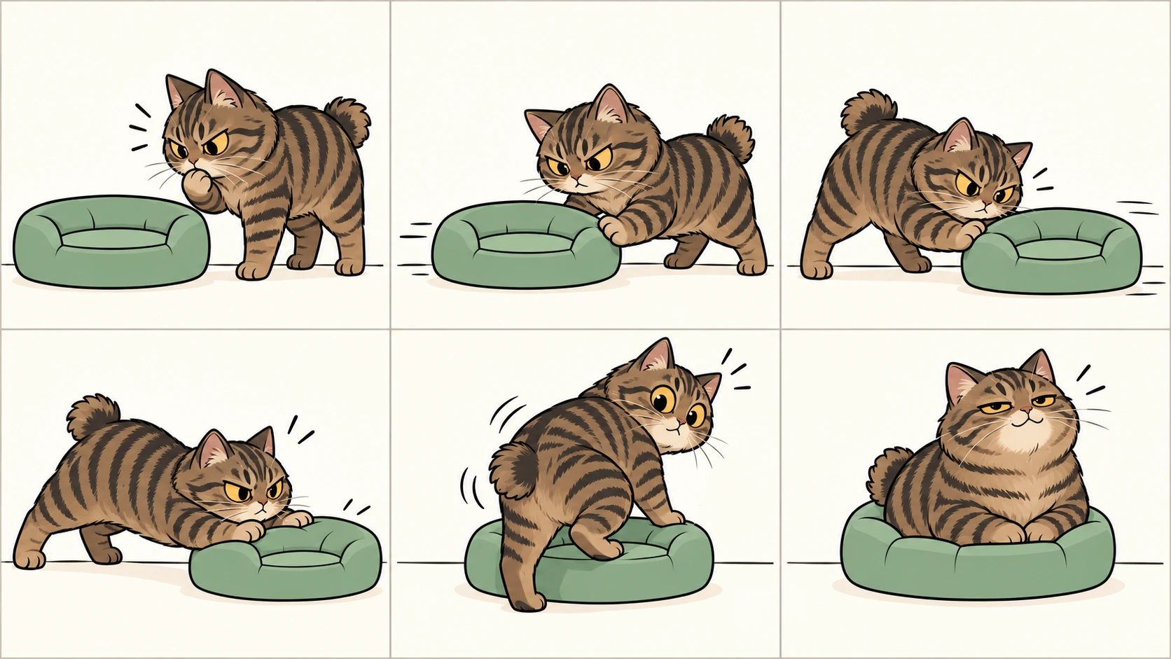 横版六格无字漫画:棕色黑纹短毛、琥珀眼的千岛短尾猫向左推坐垫、绕过去向右推、双爪推过头、追上后按住它,最后一屁股坐住,得意地休息。始终保持带弯折的蓬松短尾。