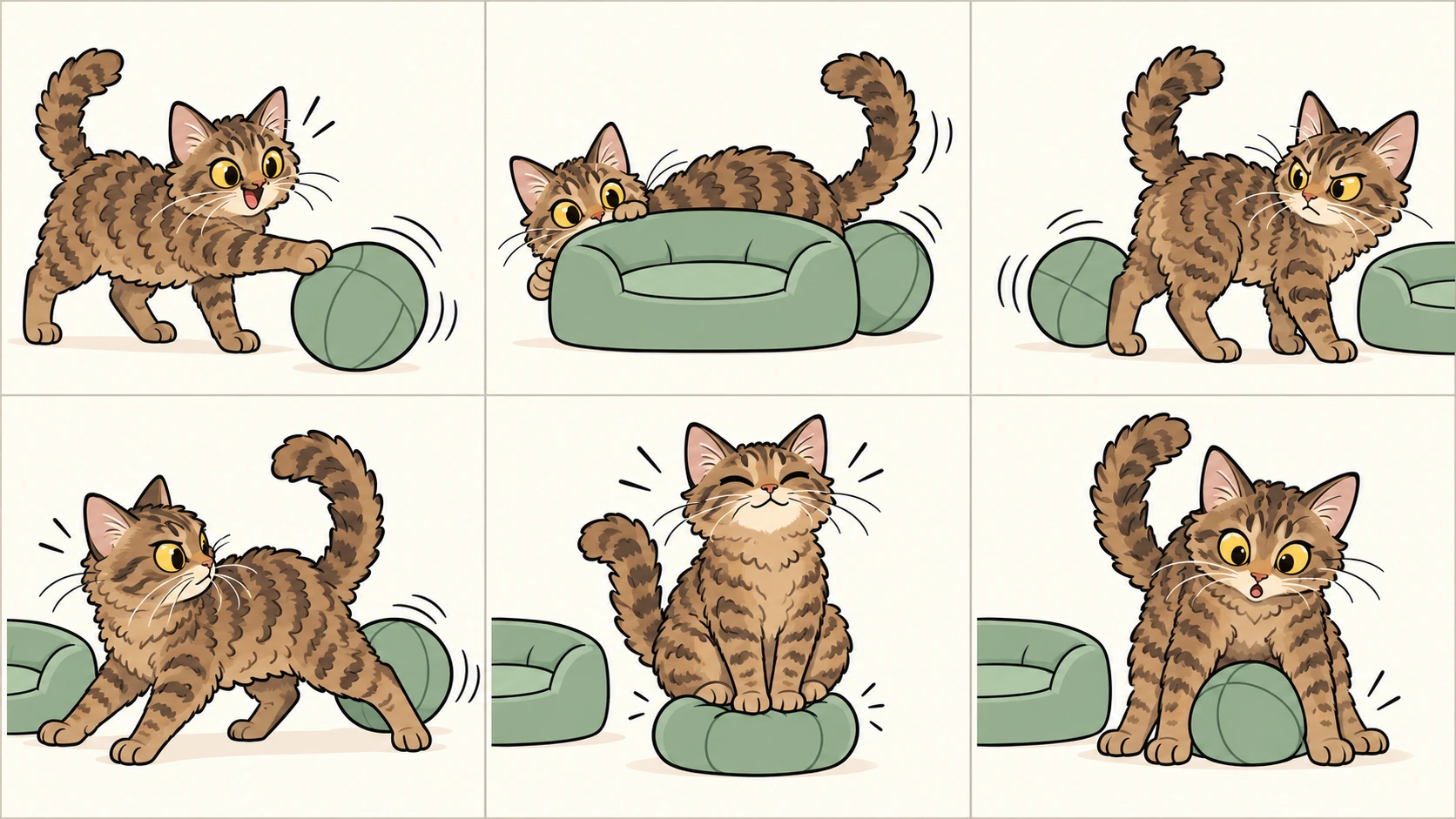 横版六格无字漫画:棕色虎斑短毛拉邦猫把软球拍到靠垫后,左找右找,自己的尾巴却把球不断扫到身后;最后它坐下得意地压住球,球从前爪间露出来,让它惊讶瞪眼。