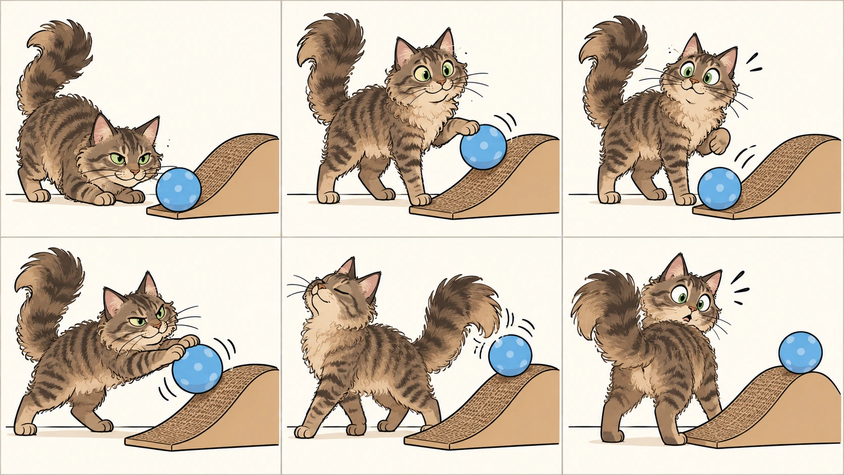 横版六格无字漫画:拉波姆猫发现软球,轻推上弧形猫抓板,球滚回;换双爪推仍失败;转身假装不在意时羽状尾意外扫球过坡,猫回头惊讶。