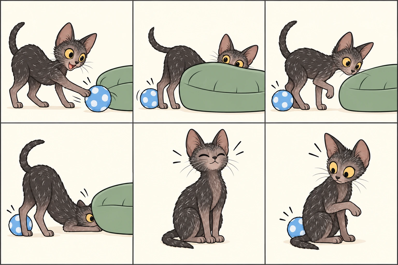 横版六格无字漫画：狼猫把软球拨到靠垫后，探头、绕圈、伏低搜寻，最后得意地坐下；球从它后脚旁露出来，它回头惊讶地盯着球。