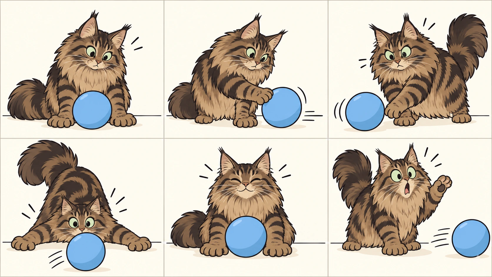 横版六格无字漫画:棕黑经典虎斑多趾缅因猫发现大软球,左前足轻按使球滚向右边,右前足又使球滚回左边;它张开双前足拦截,终于围住球,最后抬脚庆祝却让球再次滚走。
