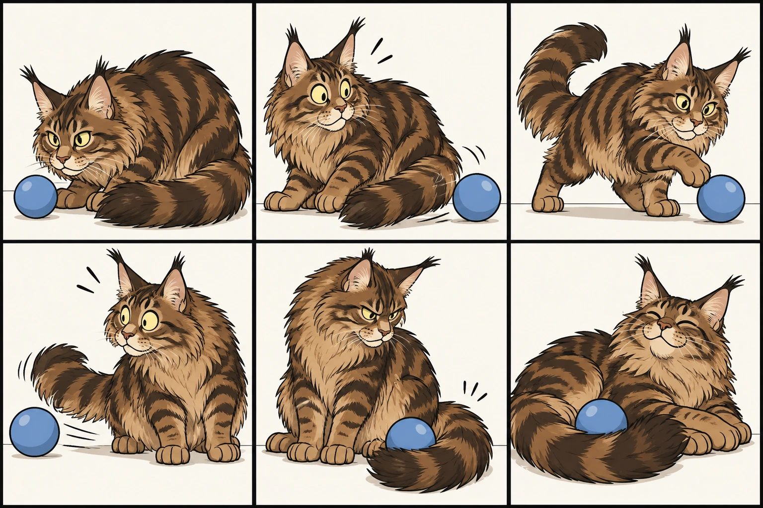 横版六格无字漫画：缅因猫盯住软球，尾巴把球拨向右边；它追上球，尾巴又把球拨回左边；它转头发现自己的尾巴，最后用长尾巴围住球，得意地趴下。