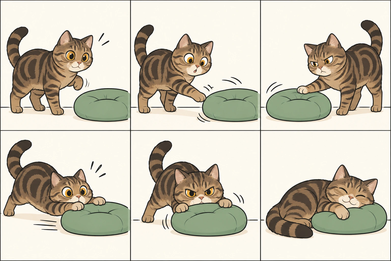 横版六格无字漫画:棕色经典虎斑有尾马恩岛猫发现柔软坐垫,轻拨使它转动,换边再拨,双爪扑住却将它推远,随后拉回,最后枕着坐垫得意入睡,完整长尾始终保留。