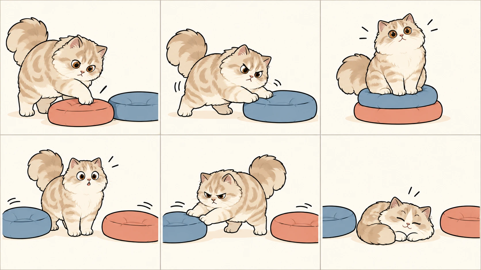 横版六格无字漫画:长毛奶油色经典虎斑长腿米努特猫检查靠垫,推来第二只,叠成小塔,塔晃动后两只靠垫滑开;它认真将靠垫推向两边,最后满意地睡在中间的空地上。