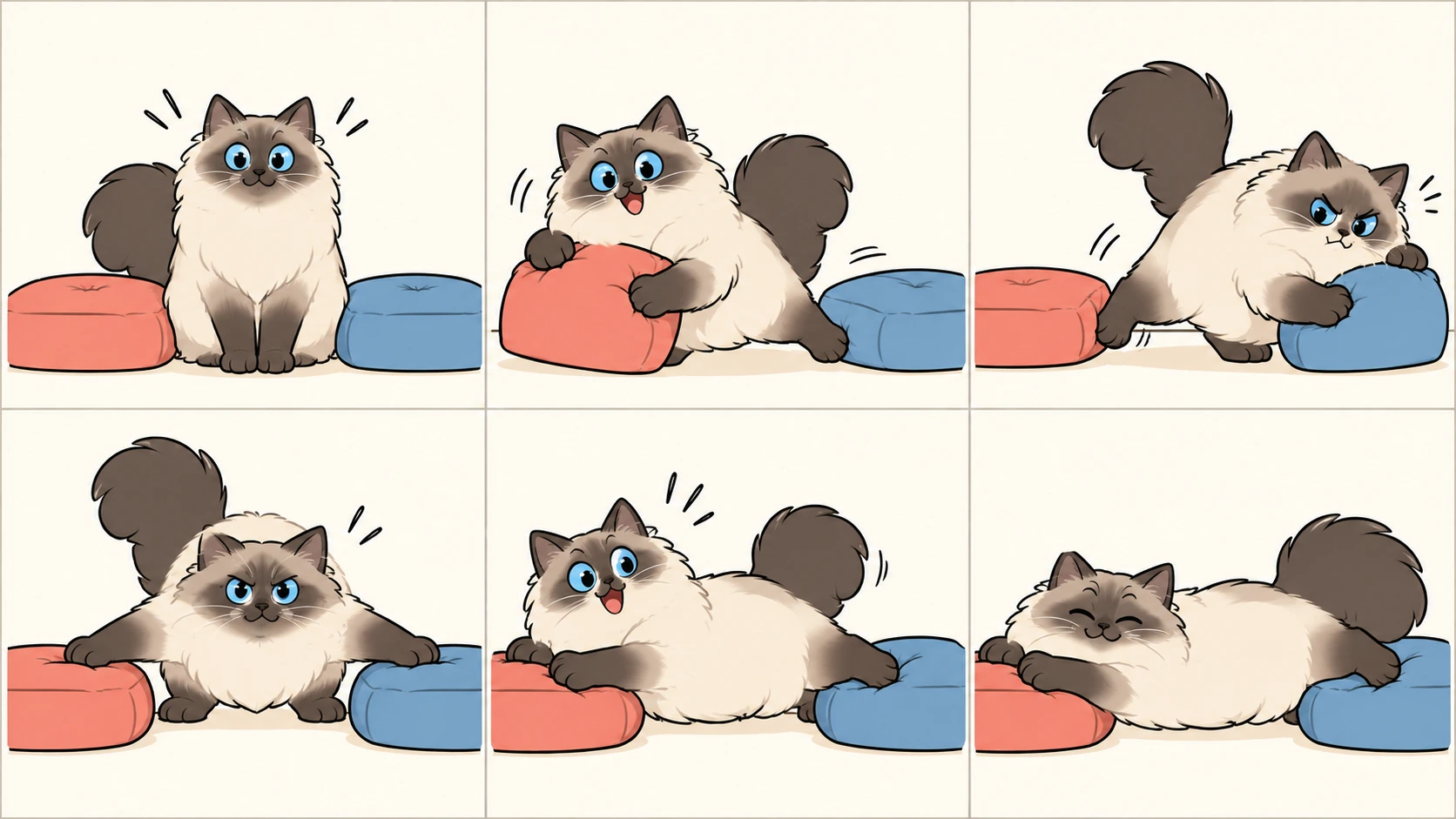 横版六格无字漫画：海豹重点色涅瓦假面猫看中两个软抱枕，拉近一个却推远另一个，换边后又重复，张开前爪仍不够，最后横躺在两个抱枕上，前爪和后爪各抱住一个，得意地放松。