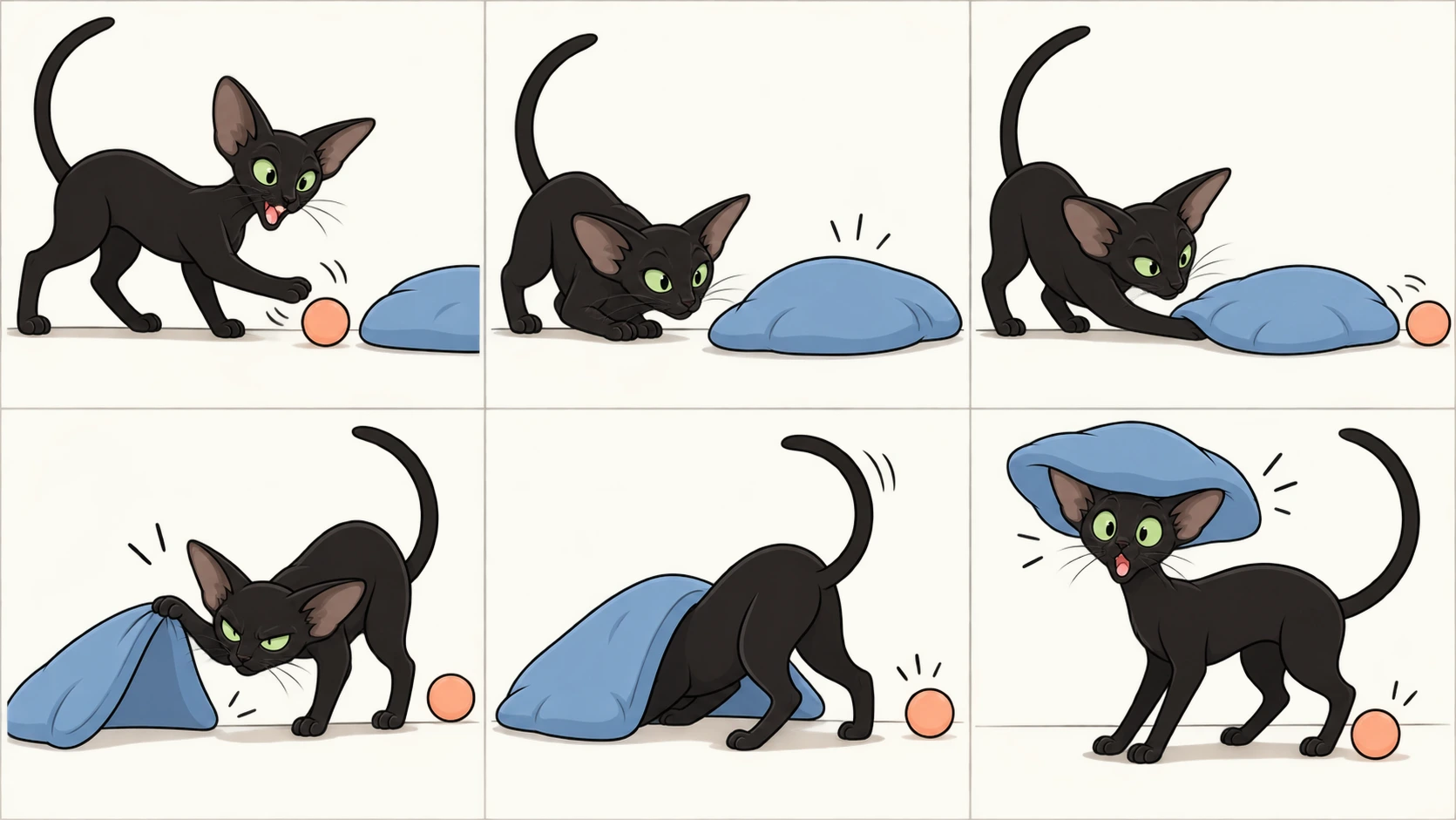 横版六格无字漫画:纯黑、绿眼的东方短毛猫把软球拨进靠垫下,伸爪摸索时把球推到身后,随后掀起靠垫、钻头寻找,最后顶着靠垫回头,惊讶地与身后的球对视。