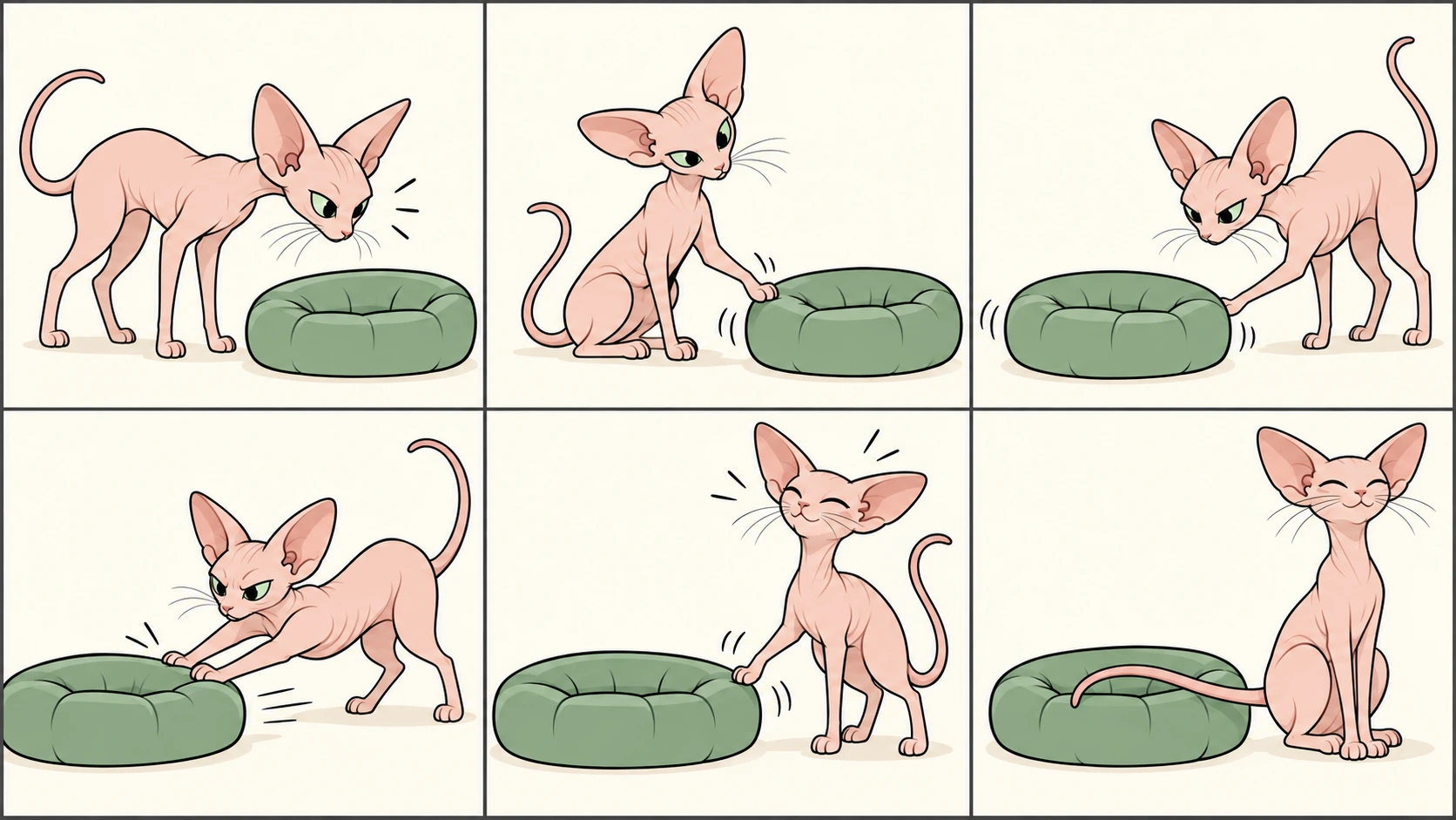 横版六格无字漫画:粉色无毛、绿眼、大耳长尾的彼得秃猫发现坐垫,轻推、绕到另一侧、用两爪推、仔细调整,最后得意地坐在坐垫旁,尾巴却搭在坐垫上。