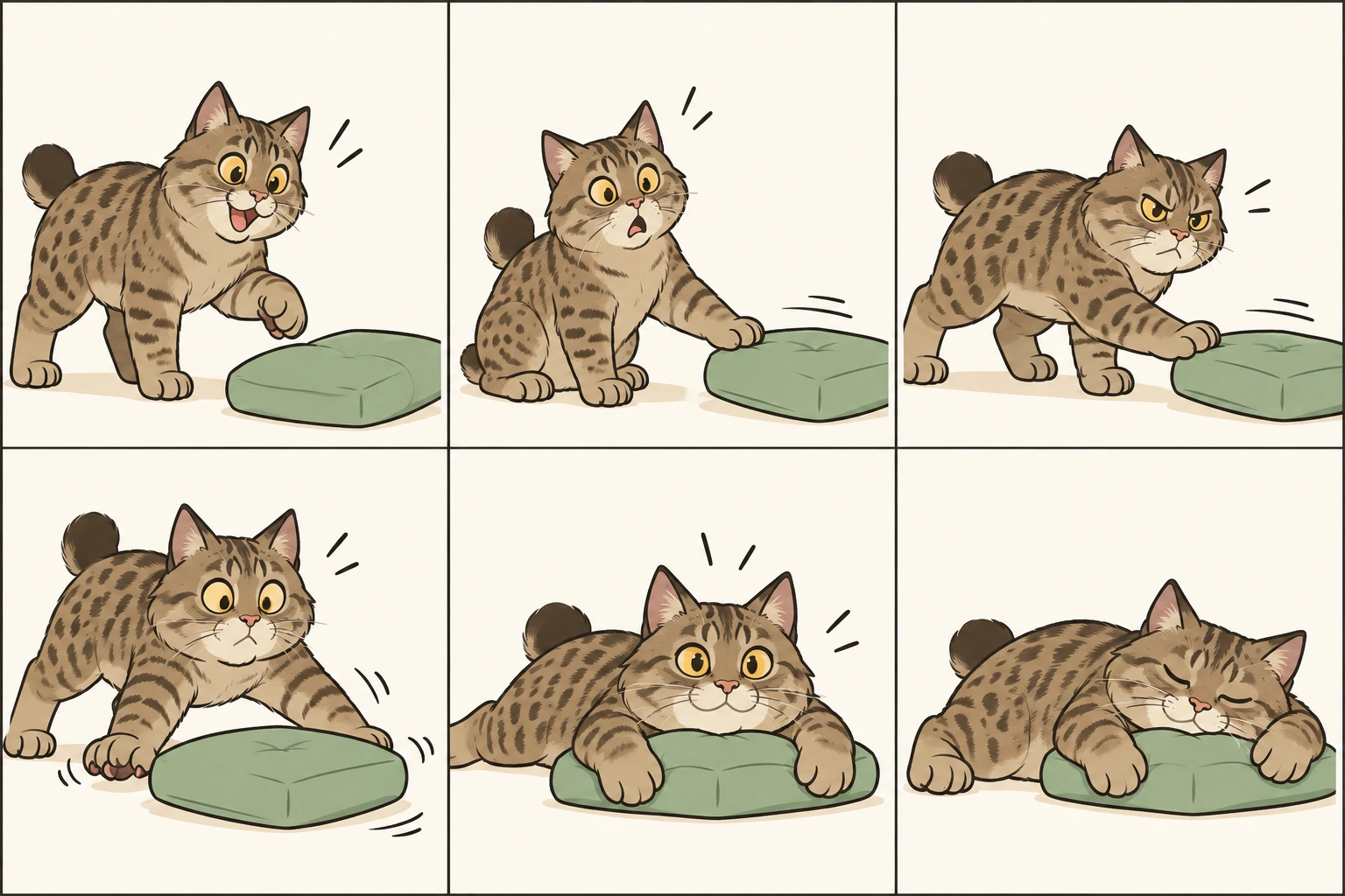 横版六格无字漫画:长毛皮克西短尾猫发现坐垫,试探一推,追过去又推远,张开大脚掌拦截却再次滑走,最后趴下把坐垫抱住,脸贴坐垫满足入睡。