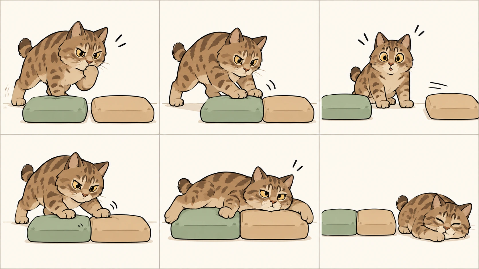 横版六格无字漫画：短毛精灵短尾猫发现两只靠垫，推齐、推过头、重新摆好、跨着试躺，最后满足地睡在旁边的空地上。