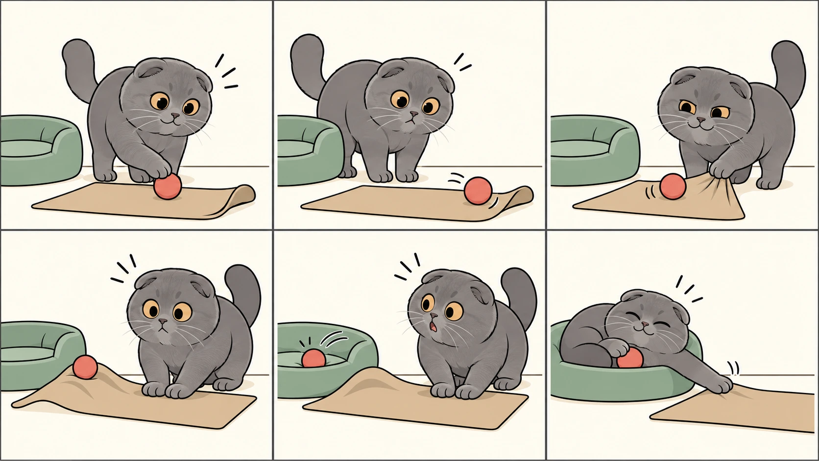 横版六格无字漫画:纯蓝灰色短毛苏格兰折耳猫把柔软玩具球放在垫子上,球滚向卷起的边缘;它拉回垫子、压住边缘,却把另一端推成小坡。球滚进低矮猫窝,最后猫躺在球旁,爪子仍牢牢压着空垫子。