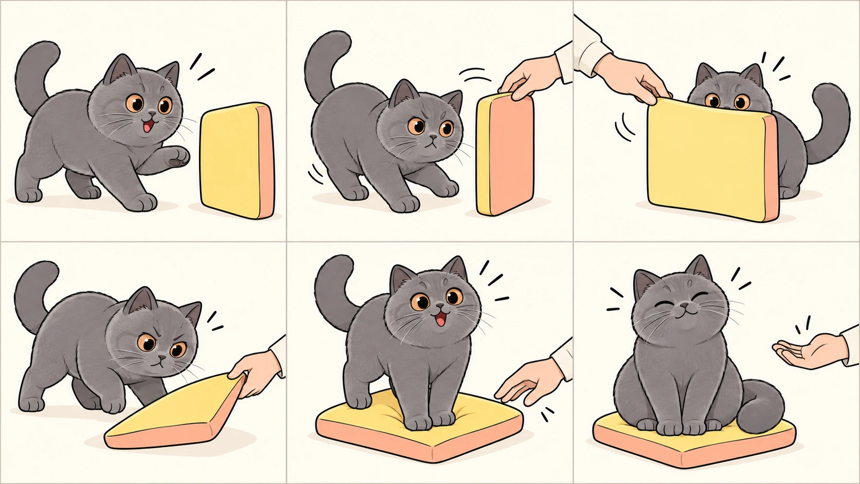 横版六格无字漫画：苏格兰立耳猫盯着双色靠垫的黄色面，人手三次改变靠垫朝向，猫逐次绕行追上；黄色面最终朝上，猫立即坐上去，人手摊开，猫得意地安坐。