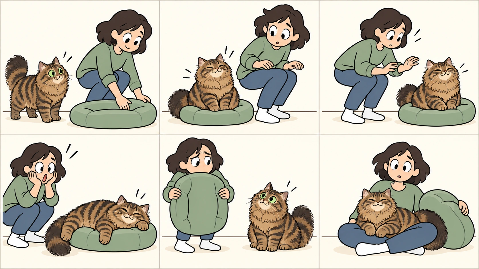 横版六格无字漫画:西伯利亚猫先抢占地垫,又追着被移走的垫子两次抢先坐下;人把垫子举起,猫坐上腾出的地面;人终于坐下后,猫主动跳上膝盖,人举着垫子愣住。