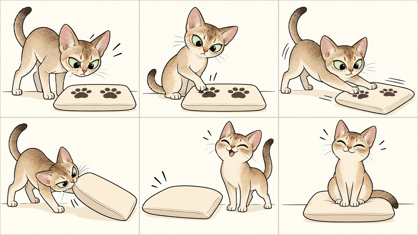横版六格无字漫画:新加坡猫发现靠垫上的两个大爪印,轻拍、用力推、换边顶起,终于把靠垫翻到素色面;它得意地坐下,两只前爪恰好重现刚才的爪印位置。