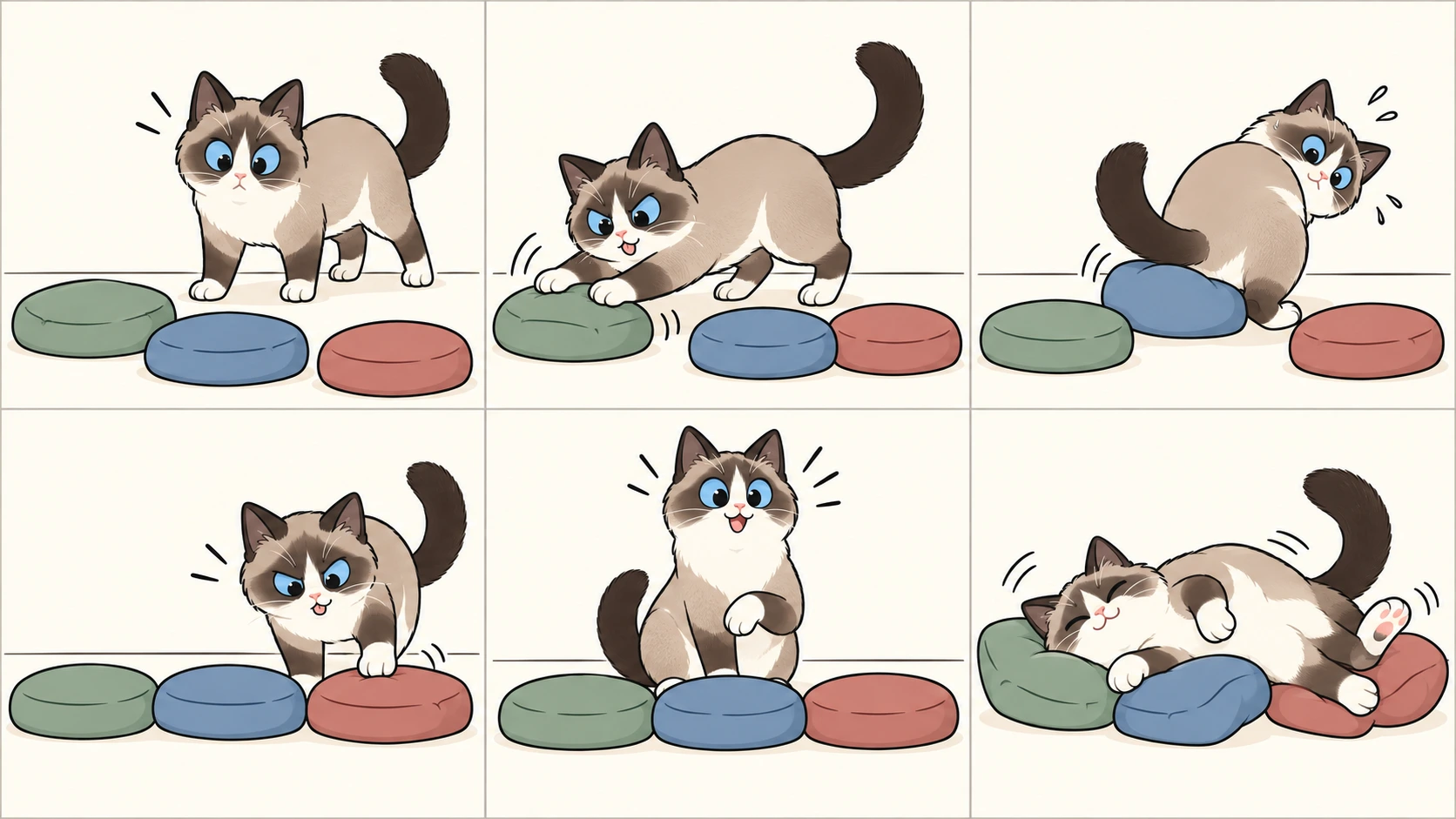 横版六格无字漫画：海豹重点色双色雪鞋猫发现三个散乱的小抱枕，推齐第一个、挪正第二个、拍正第三个，得意地检查直线，最后侧躺着扑散整排抱枕并满足地休息。