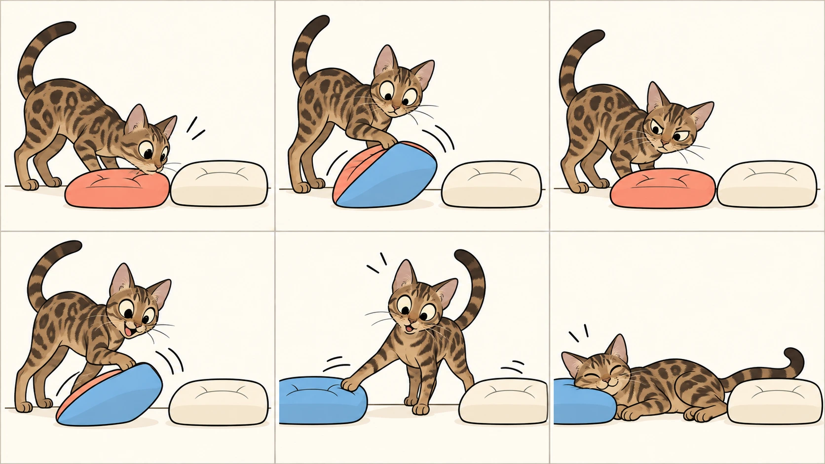 横版六格无字漫画:索科克猫检查双色坐垫,翻面后惊讶,再翻回、快速连翻,碰动旁边第二块坐垫,最后满意地躺在两块坐垫之间的空隙里。
