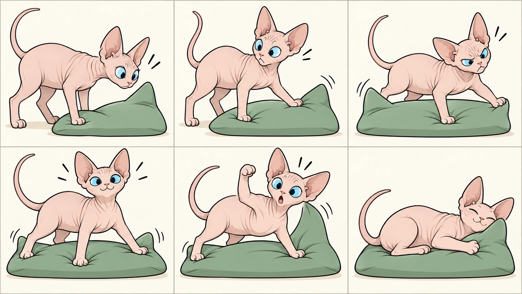 横版六格无字漫画:白色型斯芬克斯猫发现坐垫翘角,按下一角却翘起另一角,左右追按后用四爪压住四角;得意地抬起一爪,角又弹起,最后抱住翘角安然入睡。