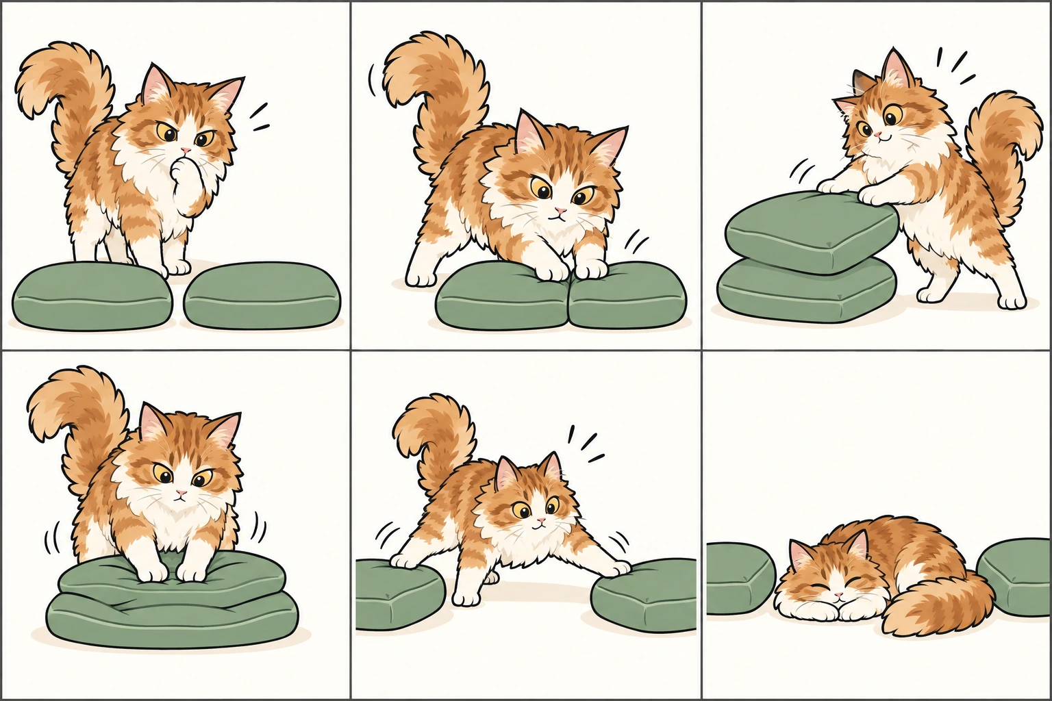 横版六格无字漫画：红色虎斑加白的长毛田纳西卷毛猫检查两只软靠垫，推拢、叠起、压扁再分开，最后满足地睡在两只靠垫之间的空地上。