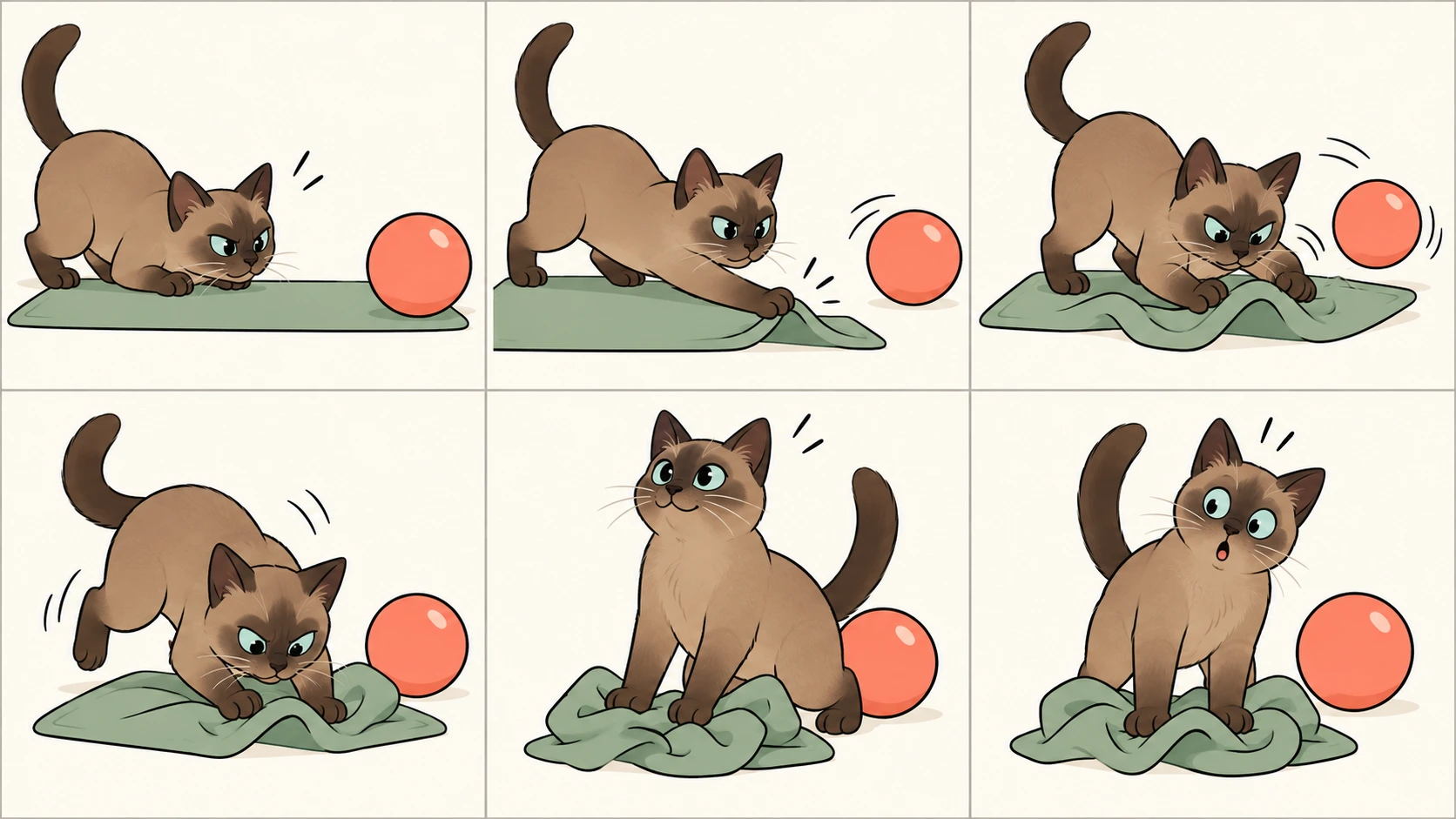 横版六格无字漫画：自然棕色貂色东奇尼猫发现软垫边缘的大球，伸爪、扒皱垫子、双爪扑住垫子，再得意地压住垫子；最后发现球停在自己身后，转头露出惊讶表情。