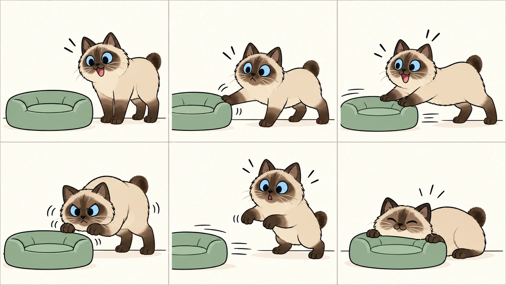 横版六格无字漫画：短毛海豹重点色玩偶短尾猫发现圆抱枕，抬爪踩奶却将它推远，追上后双爪再推，更认真地调整位置，最后趴下用下巴压住抱枕，露出得意神情。