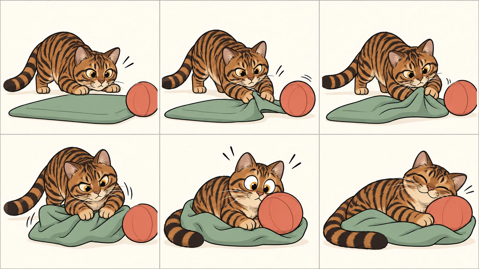 横版六格无字漫画：玩具虎猫盯住小地垫上的软球，伸爪却拉皱地垫；换爪、双爪齐上，把地垫堆成小窝，球停在鼻前，最后它枕着软球在自己堆出的窝里睡着。